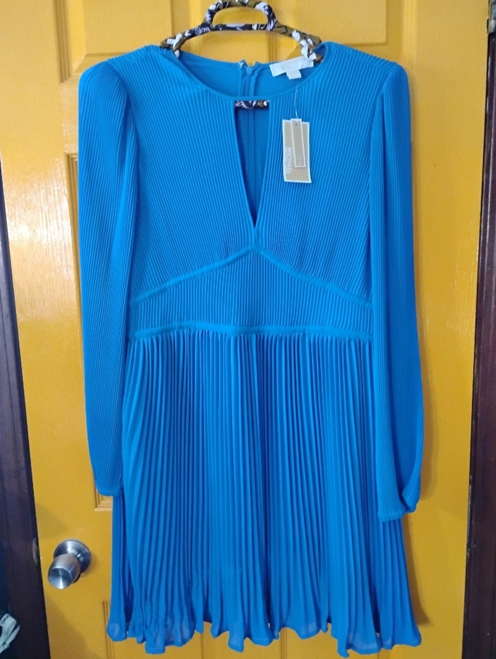 NWT Michael Kors Pleated Long-Sleeve Vibrant Blue XL Mini Dress